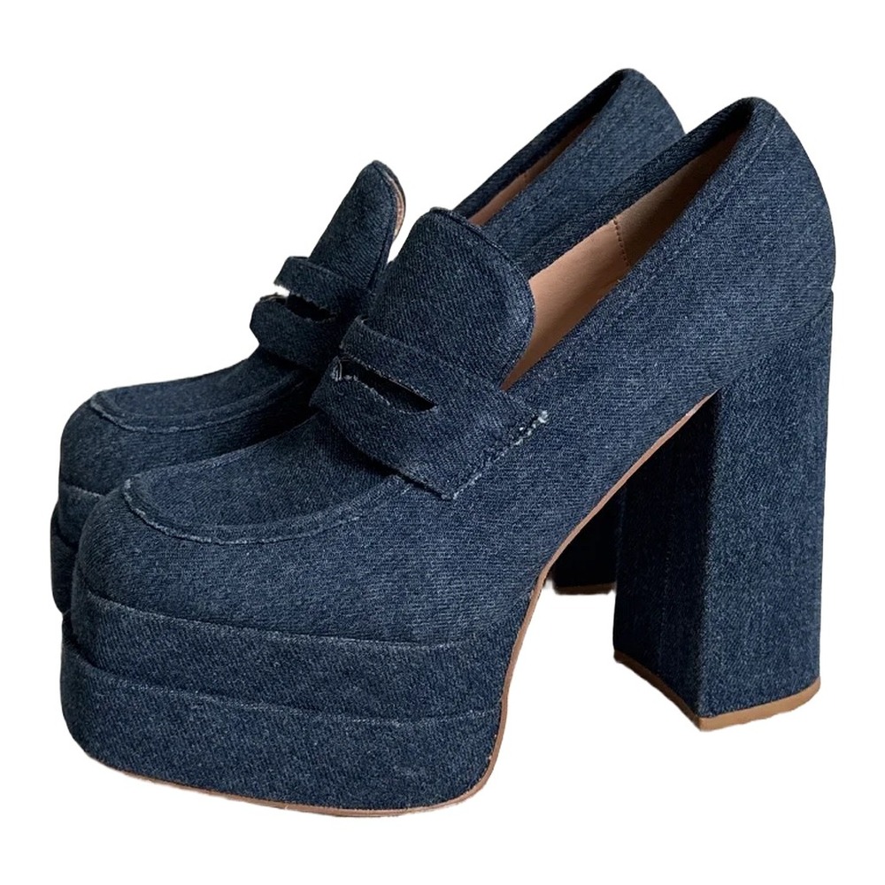 Shoedazzle Margaux Denim Platform Penny Loafers Blue Block Heel Womens 9 EU 40